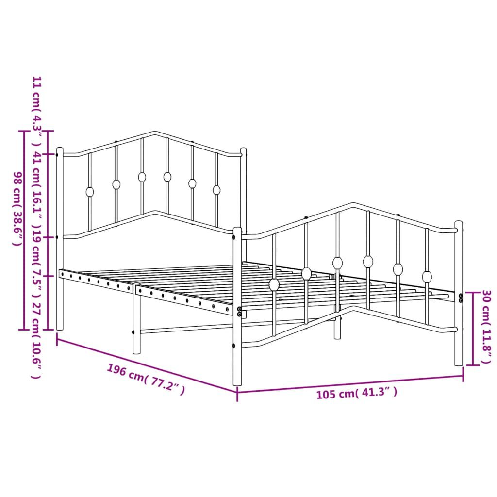 vidaXL Metal Bed Frame without Mattress with Footboard Black 100x190cm
