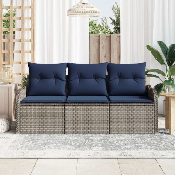vidaXL 3 Piece Garden Sofa Set with Cushions Grey Poly Rattan