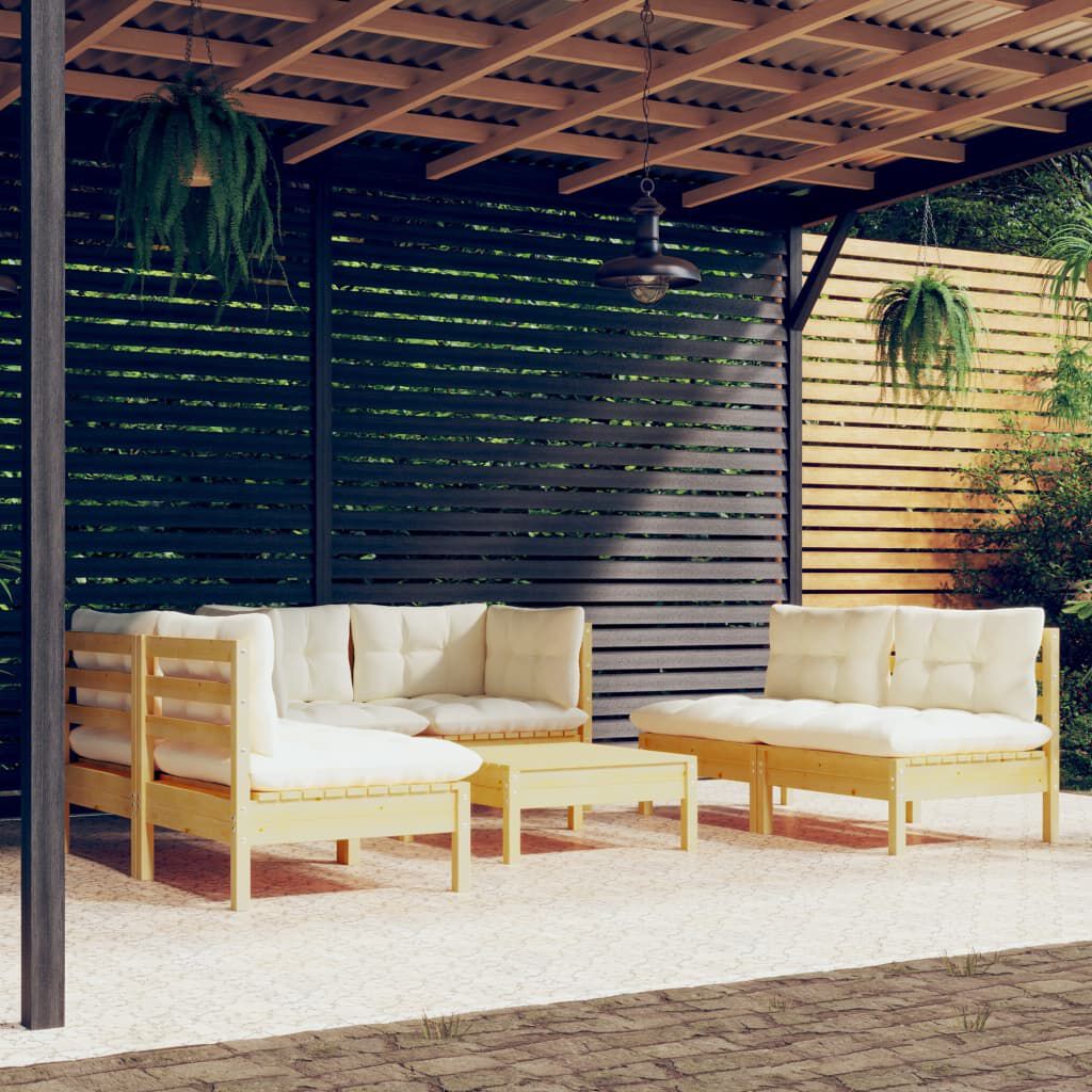 vidaXL 7 Piece Garden Lounge Set with Cream Cushions Solid Pinewood