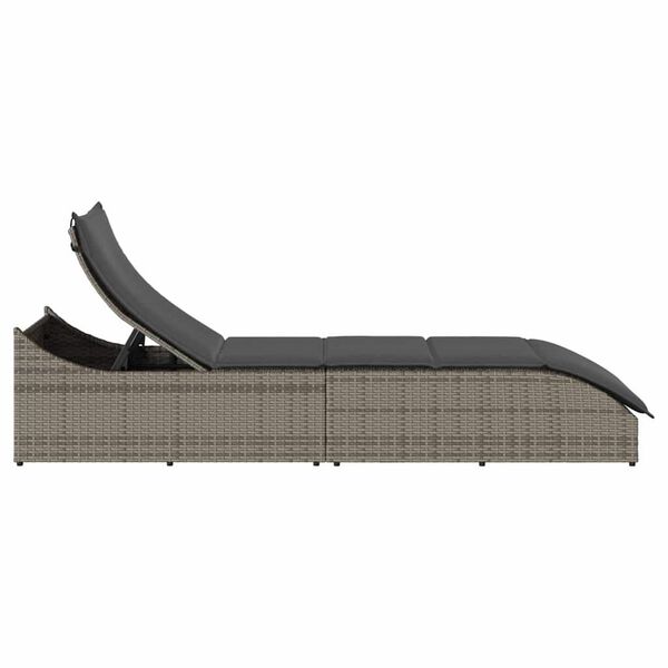 vidaXL Folding Sun Lounger with Cushion and Storage Grey Poly Rattan