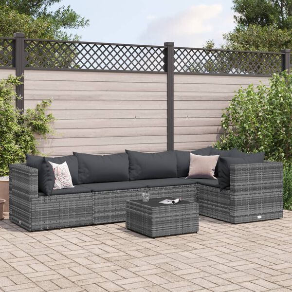 vidaXL 6 Piece Garden Lounge Set with Cushions Grey Poly Rattan
