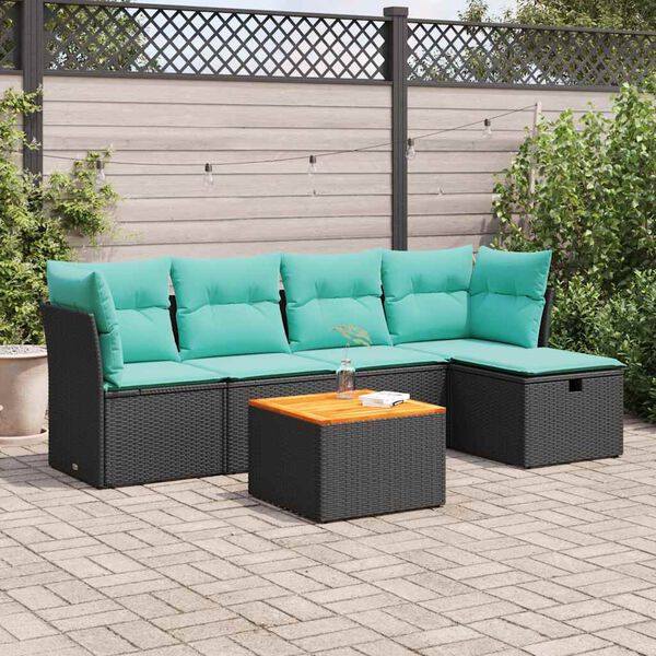 vidaXL 6 Piece Garden Sofa Set with Cushions Black Poly Rattan