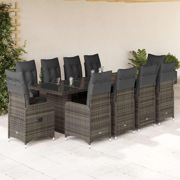 vidaXL 11 Piece Garden Bistro Set with Cushions Grey Poly Rattan