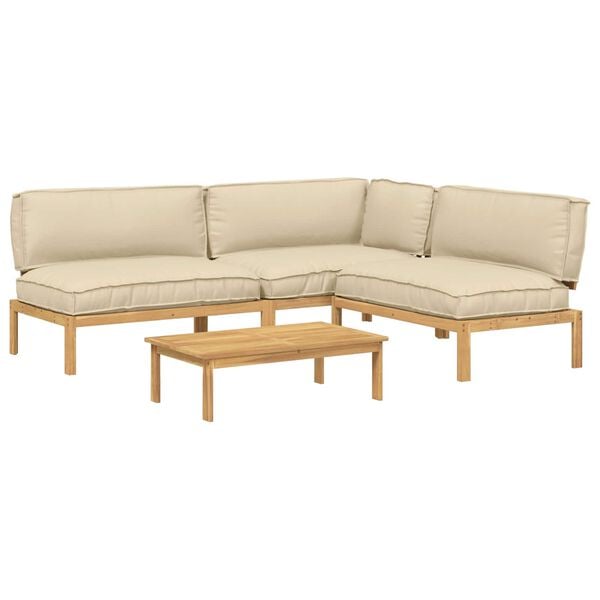 vidaXL Sofa Set with Cushion Plain 4 pcs Beige Solid Acacia Wood