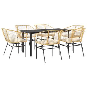 vidaXL 7 Piece Garden Dining Set with Cushions Brown Poly Rattan Glass
