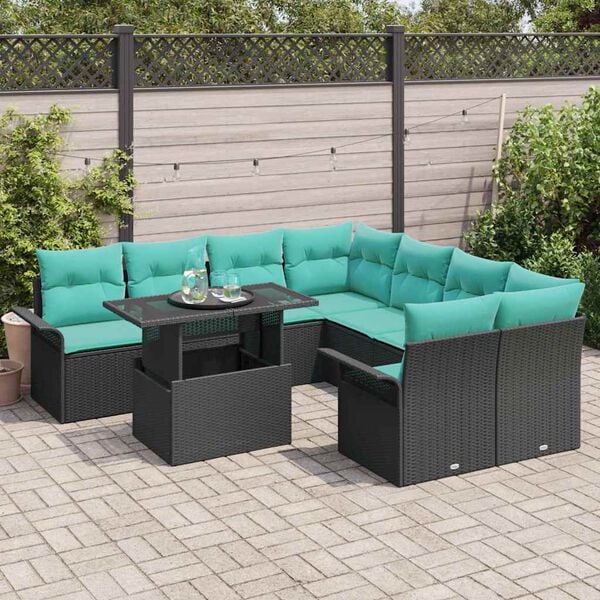 vidaXL Garden Sofa Set with Cushion 9 pcs Black Poly rattan