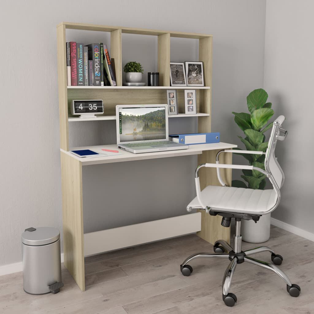 vidaXL Desk with Shelf White and Sonoma Oak 110x45x157 cm Engineered Wood