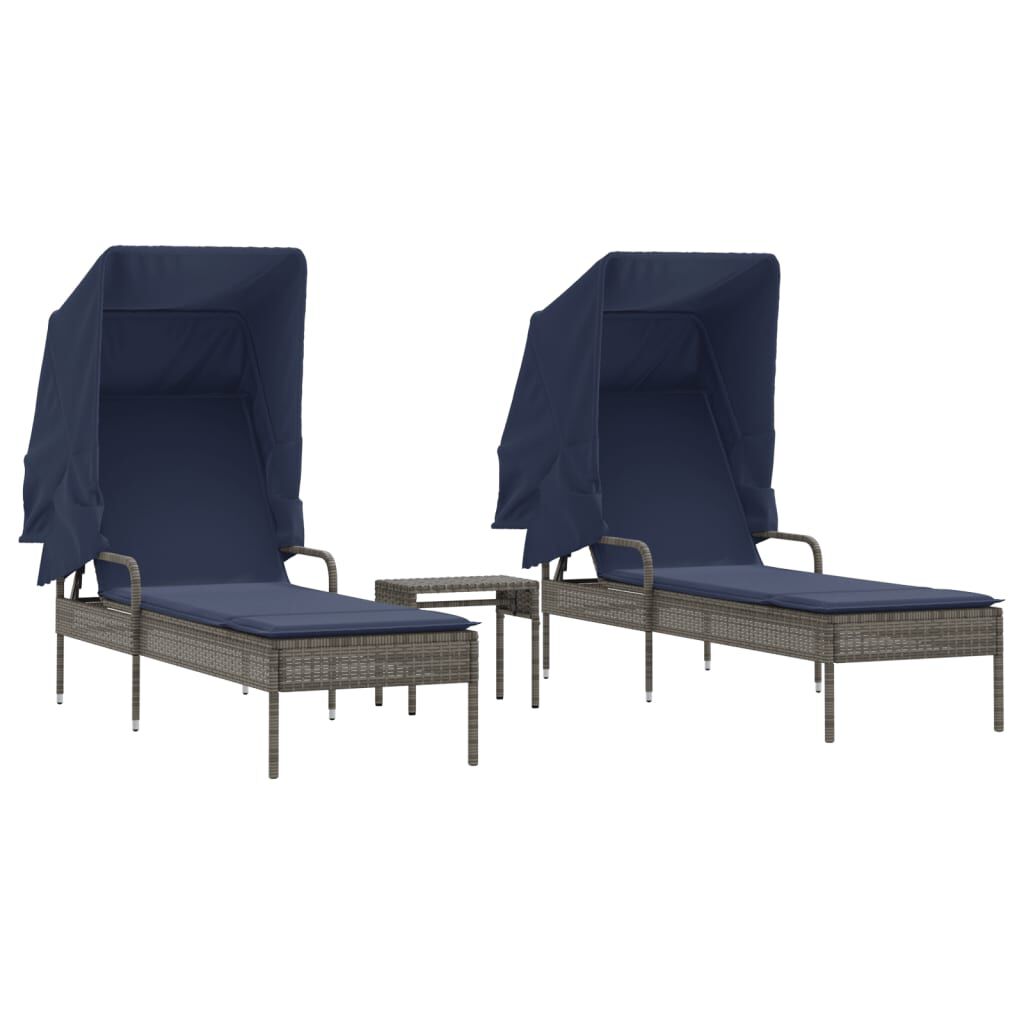 vidaXL Sun Loungers 2 pcs with Canopies and Table Grey Poly Rattan