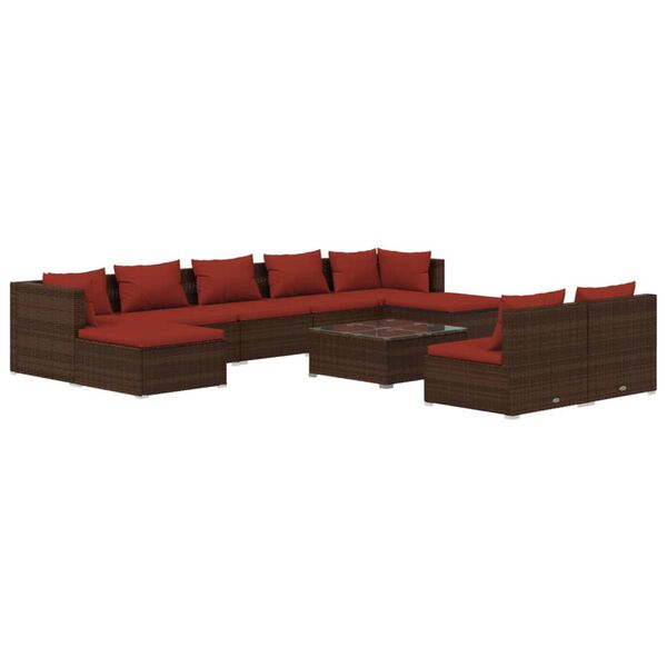 vidaXL 10 Piece Garden Lounge Set with Cushions Brown Poly Rattan