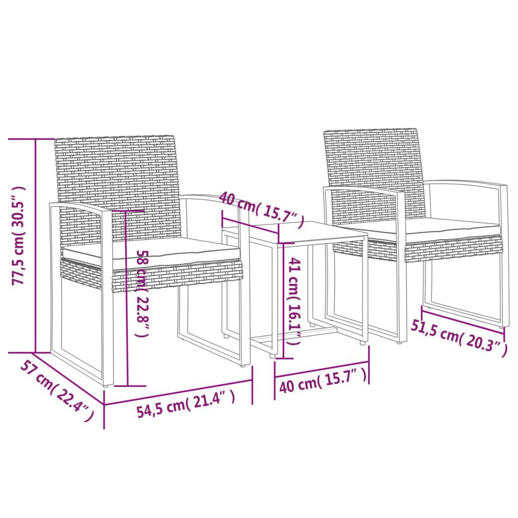 vidaXL 3 piece Garden Dining Set with Cushions Black PP Rattan