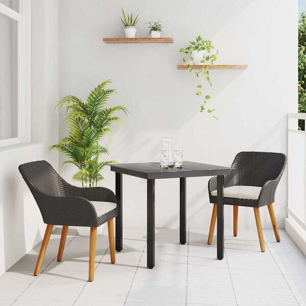 vidaXL Garden Dining Set with Cushion 3 pcs Black Poly Rattan