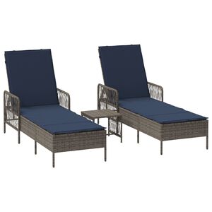 vidaXL Sun Lounger Reclining 3 pcs Grey and Navy Blue Poly Rattan