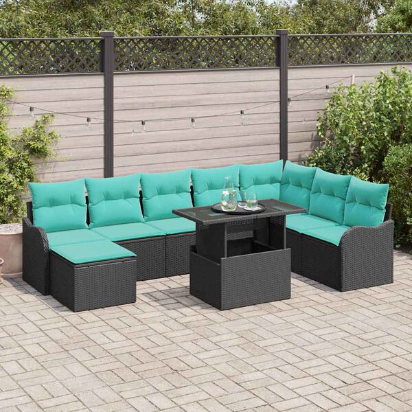 vidaXL Garden Sofa Set with Cushion 9 pcs Black Poly Rattan