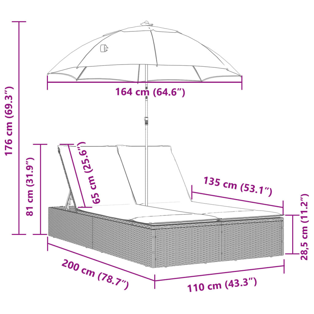 vidaXL Double Sun Lounger with Cushions&Parasol Grey Poly Rattan