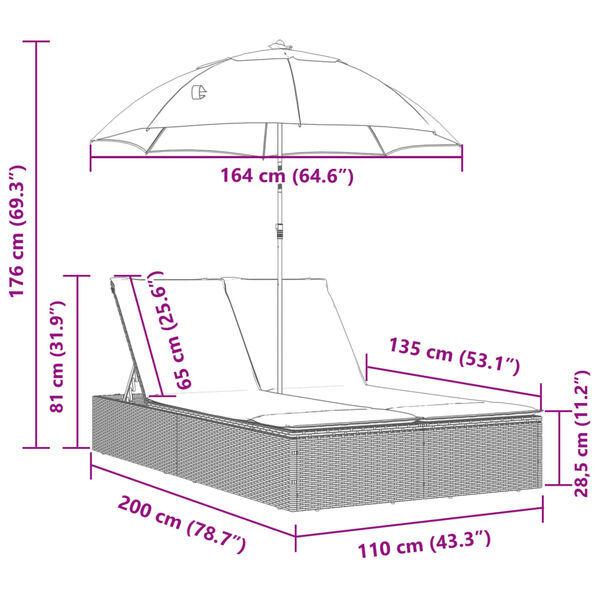 vidaXL Double Sun Lounger with Cushions&Parasol Grey Poly Rattan