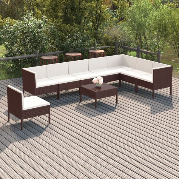 vidaXL 9 Piece Garden Lounge Set with Cushions Poly Rattan Brown
