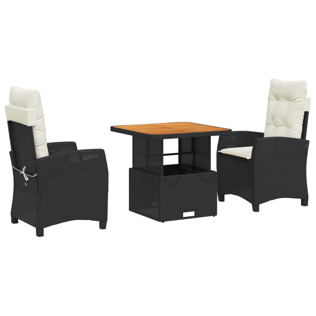 vidaXL 3 Piece Garden Dining Set with Cushions Black Poly Rattan