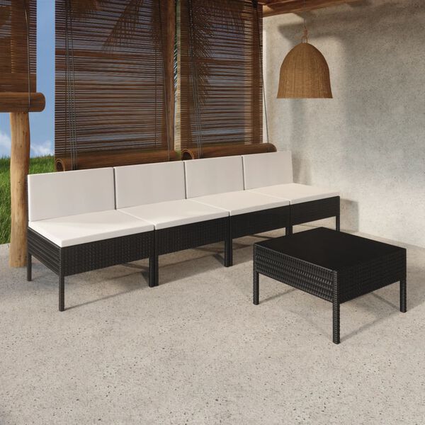 vidaXL 5 Piece Garden Lounge Set with Cushions Poly Rattan Black