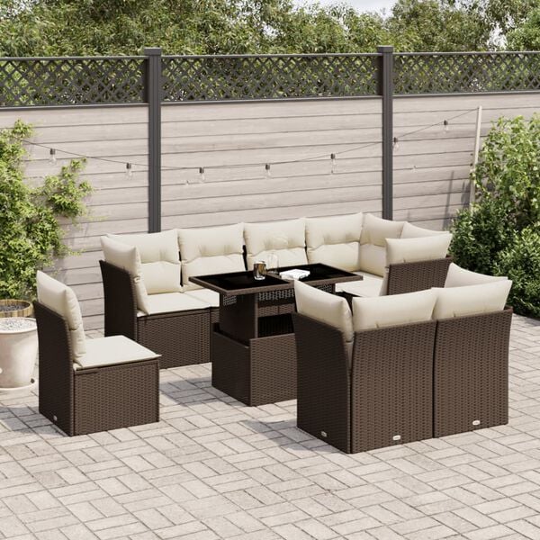 vidaXL 9 Piece Garden Sofa Set with Cushions Brown Poly Rattan