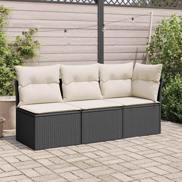 vidaXL Garden Sofa with Cushions 3-Seater Black Poly Rattan