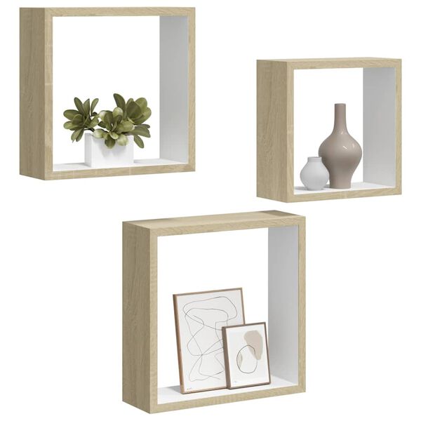 vidaXL Wall Cube Shelves 3 pcs White and Sonoma Oak