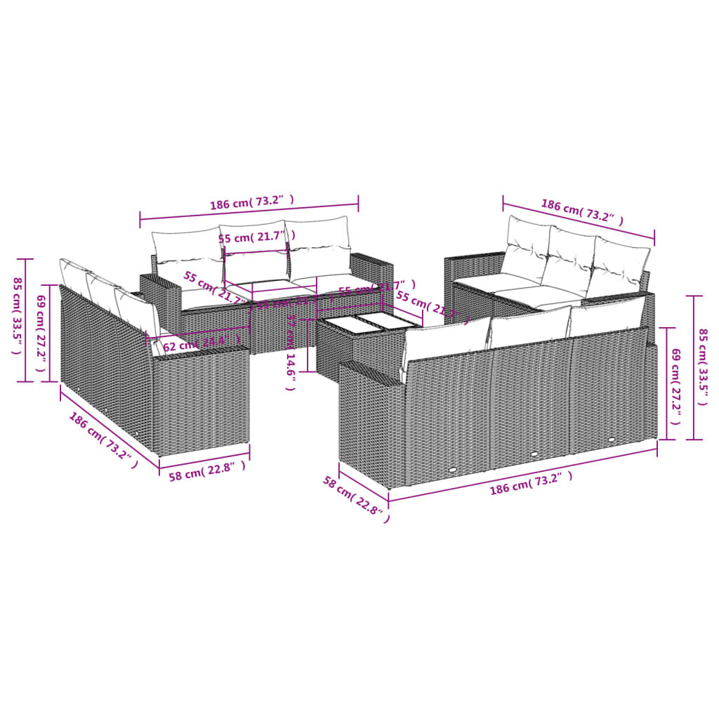 vidaXL 13 Piece Garden Sofa Set with Cushions Grey Poly Rattan