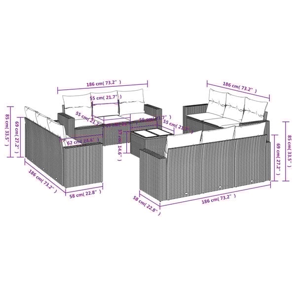 vidaXL 13 Piece Garden Sofa Set with Cushions Grey Poly Rattan