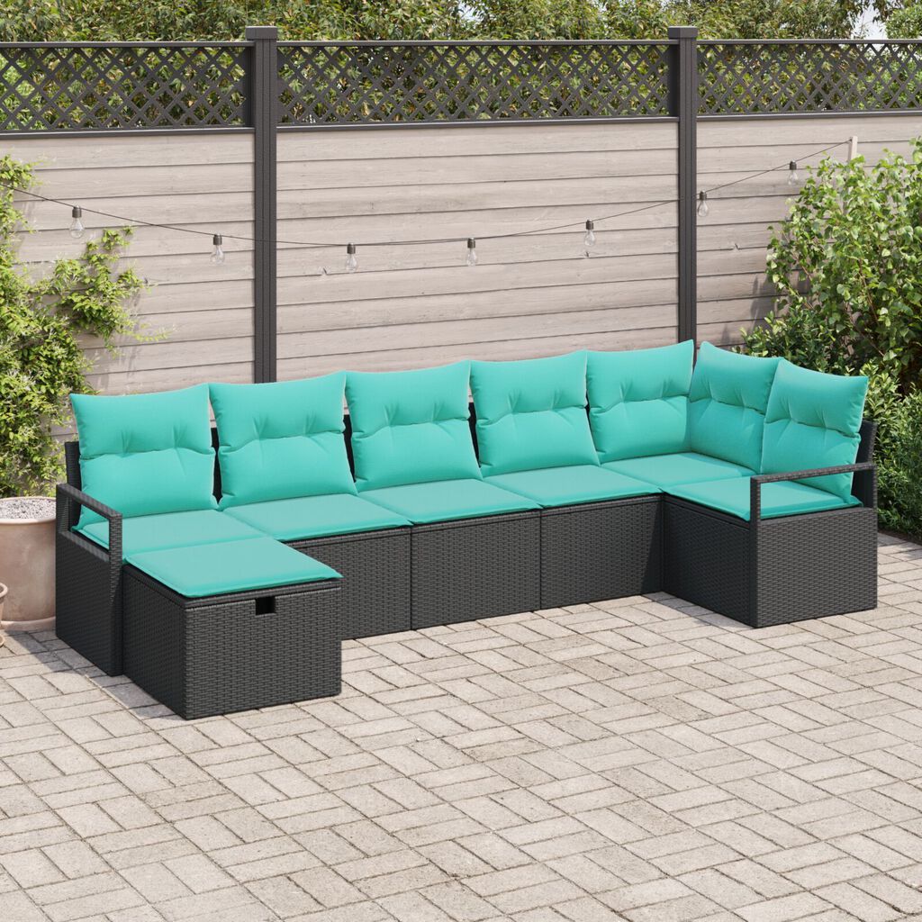 vidaXL 7 Piece Garden Sofa Set with Cushions Black Poly Rattan