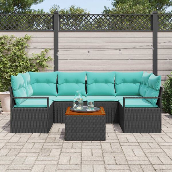 vidaXL 7 Piece Garden Sofa Set with Cushions Black Poly Rattan Acacia