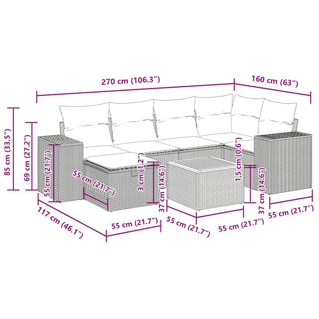 vidaXL 7 Piece Garden Sofa Set with Cushions Black Poly Rattan