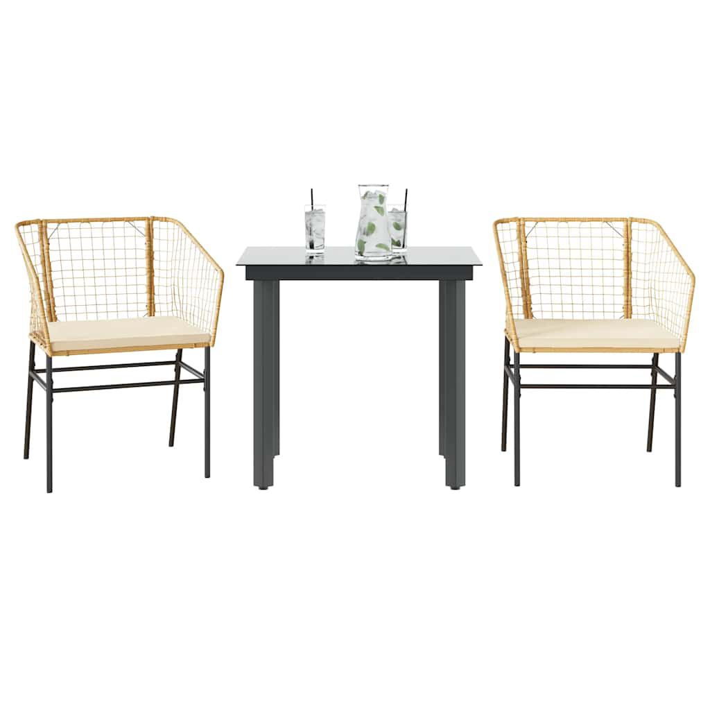 vidaXL 3 Piece Garden Dining Set with Cushions Brown Poly Rattan Glass