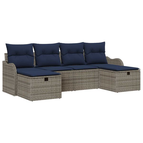 vidaXL 6 Piece Garden Sofa Set with Cushions - Grey Poly Rattan