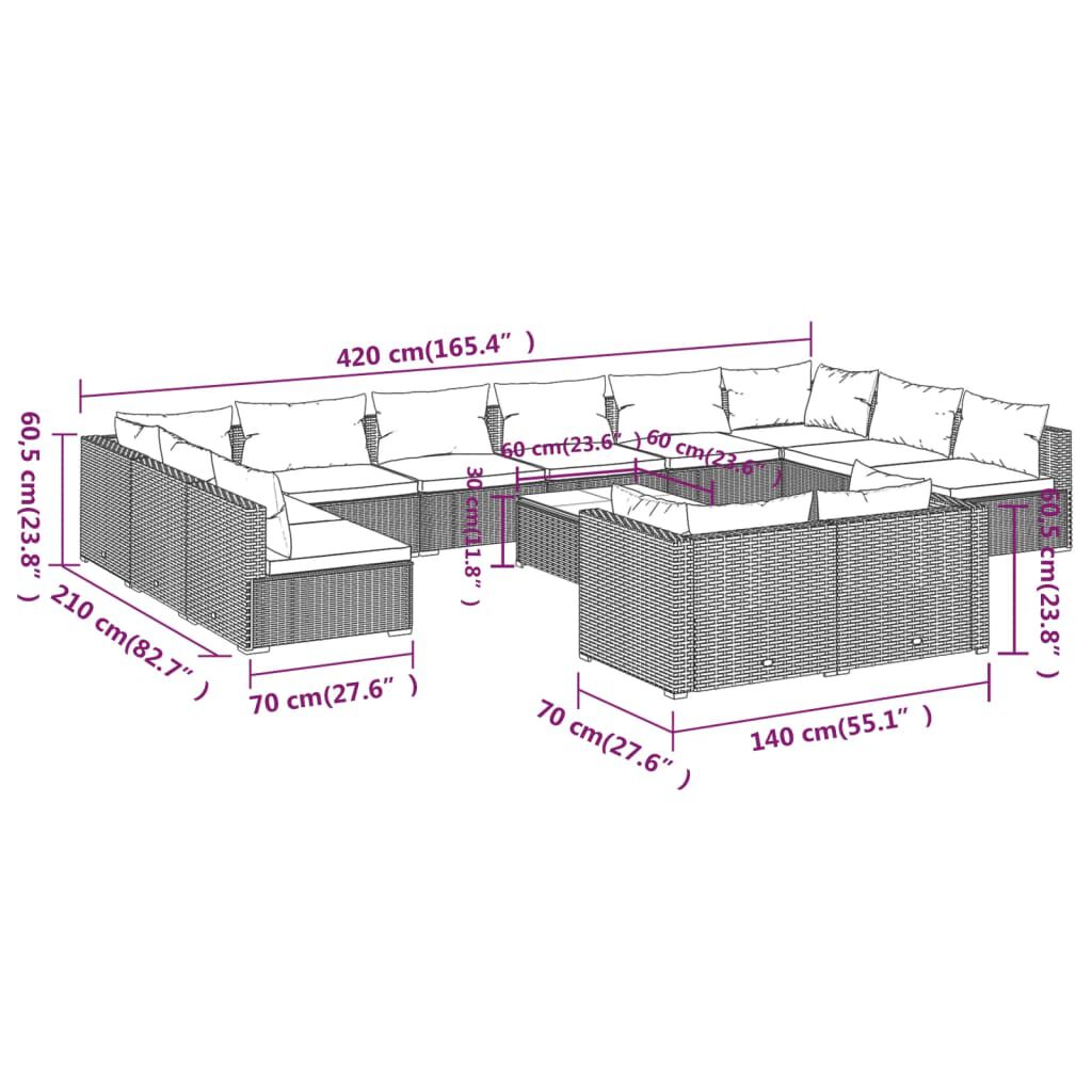 vidaXL 13 Piece Garden Lounge Set with Cushions Black Poly Rattan