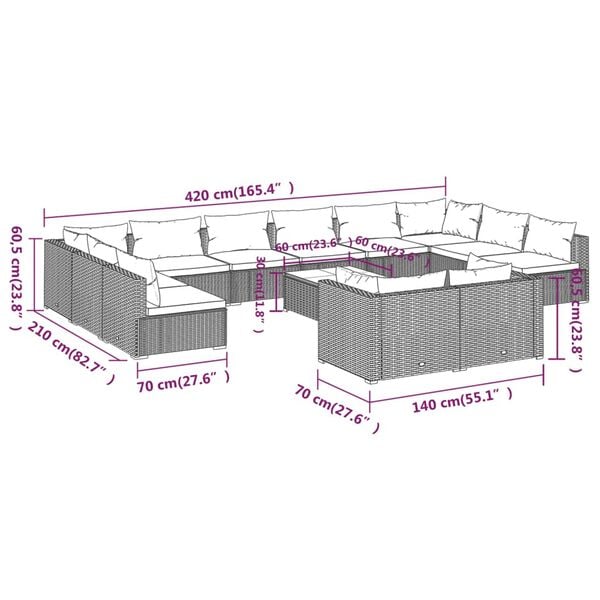 vidaXL 13 Piece Garden Lounge Set with Cushions Black Poly Rattan