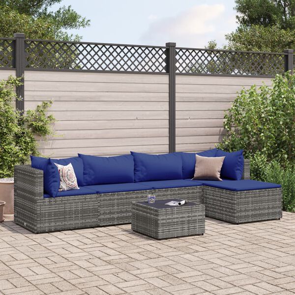vidaXL 5 Piece Garden Lounge Set with Cushions Grey Poly Rattan