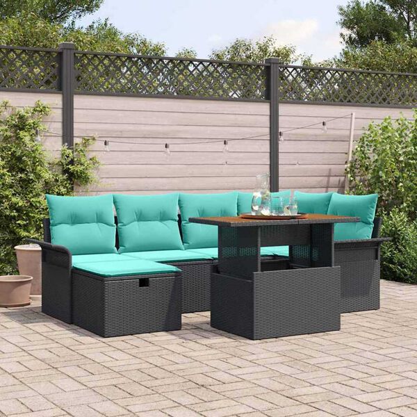 vidaXL Garden Sofa Set Height-Adjustable 7 pcs Black Poly Rattan