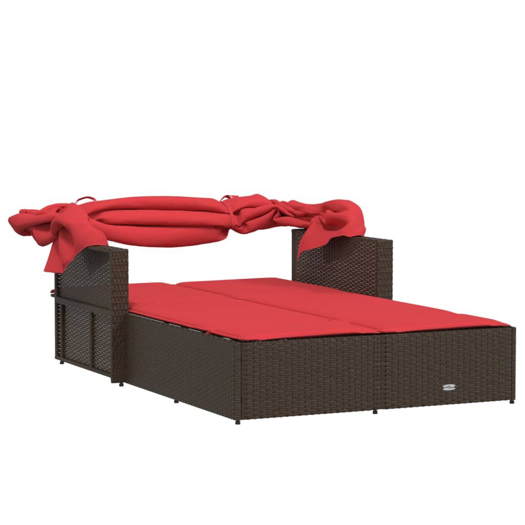 vidaXL Double Sun Lounger with Canopy and Cushions Brown Poly Rattan