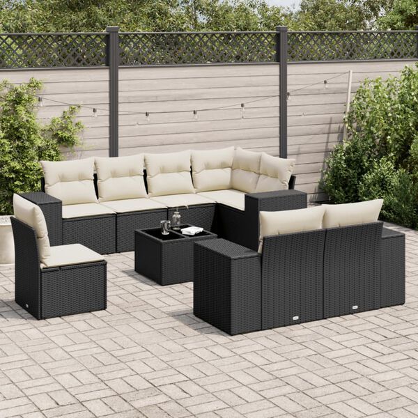 vidaXL 9 Piece Garden Sofa Set with Cushions Black Poly Rattan