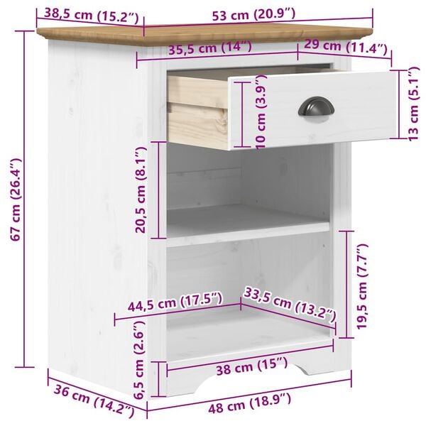 vidaXL Bedside Cabinet BODO Brown 53x38.5x66 cm Solid Wood Pine