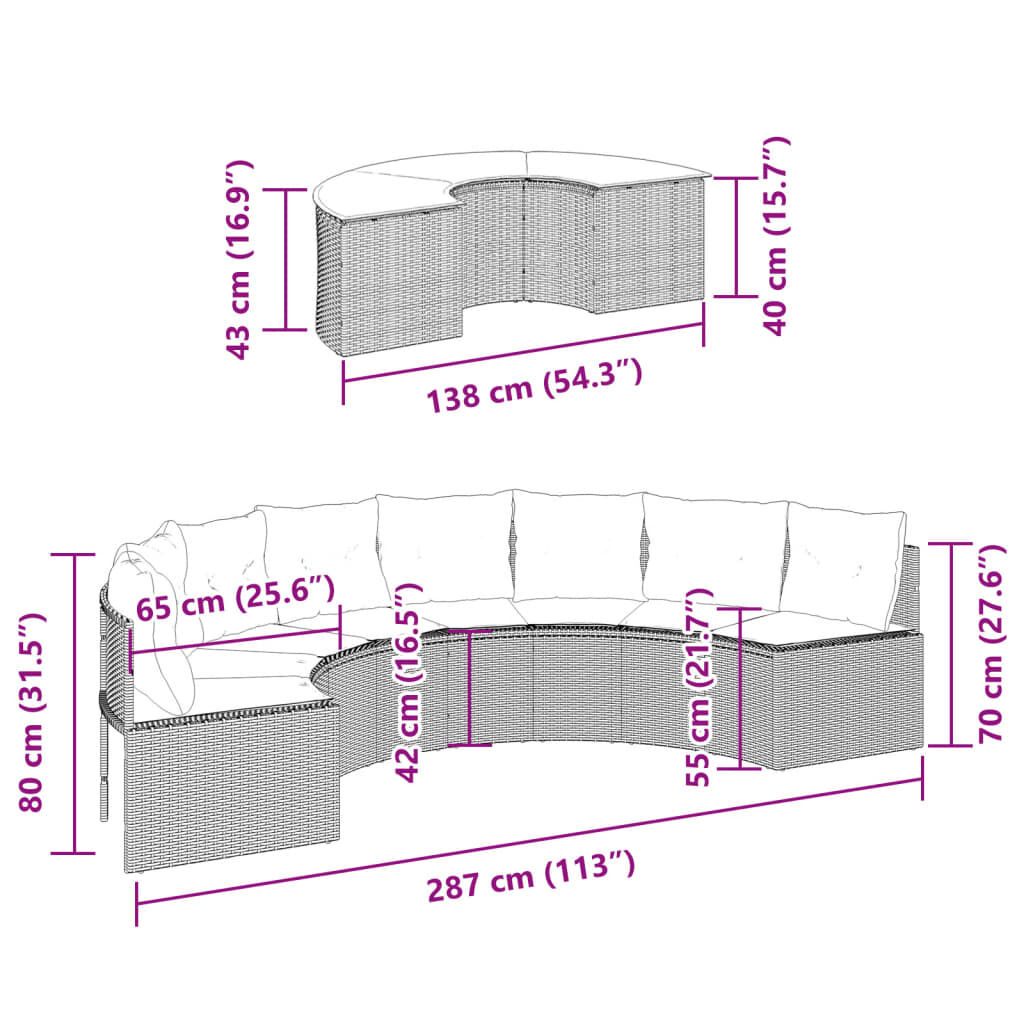 vidaXL 2 Piece Garden Sofa Set Half-Round Grey Poly Rattan