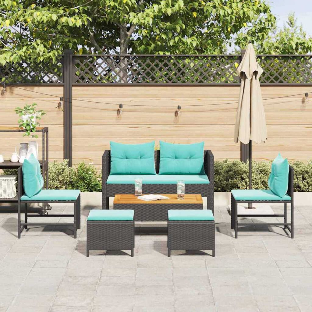 vidaXL Garden Sofa Set 6 pcs Black and turquoise Poly Rattan
