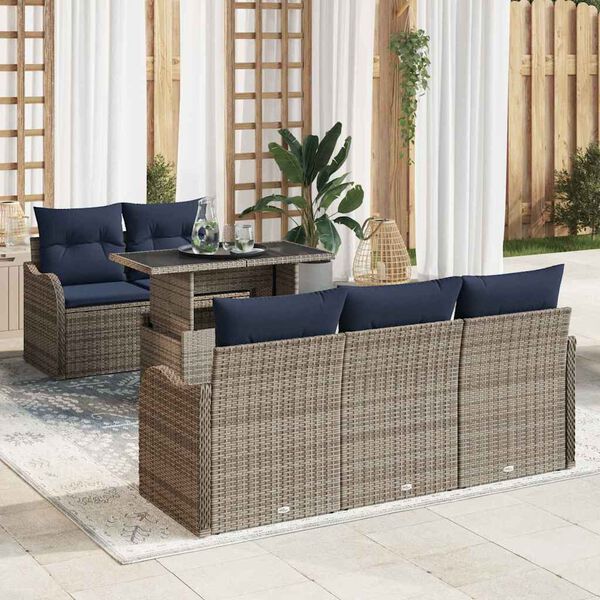 vidaXL Garden Sofa Set with Cushion 6 pcs Grey and Navy Poly Rattan