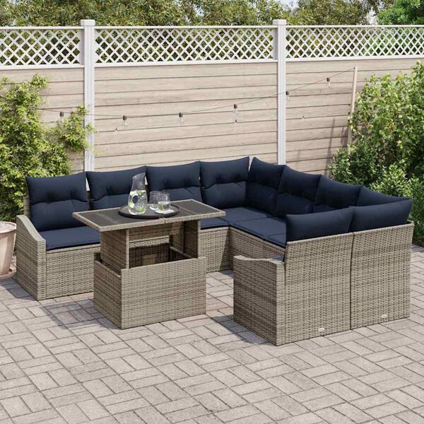 vidaXL Garden Sofa Set 9 pcs Grey and Navy Blue Poly Rattan