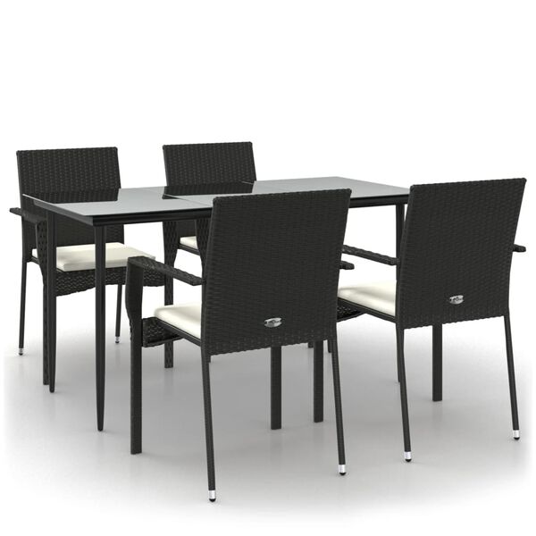 vidaXL 5 Piece Garden Dining Set with Cushions Black Poly Rattan