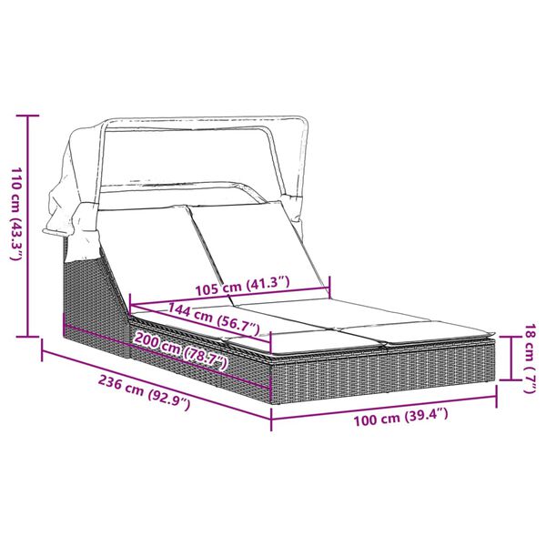 vidaXL Double Sun Lounger with Canopy and Cushions Grey Poly Rattan