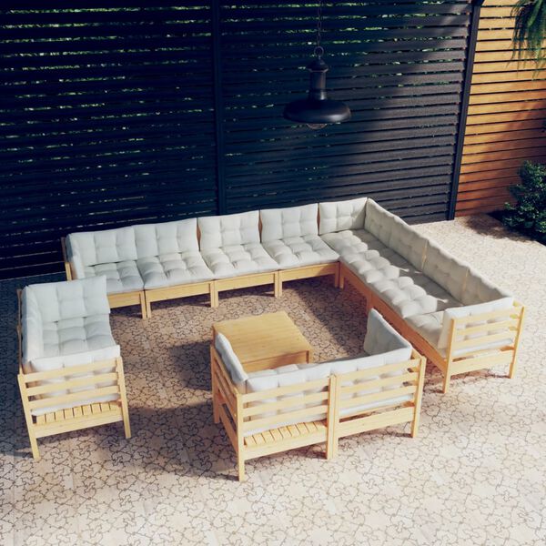 vidaXL 13 Piece Garden Lounge Set with Cream Cushions Solid Pinewood