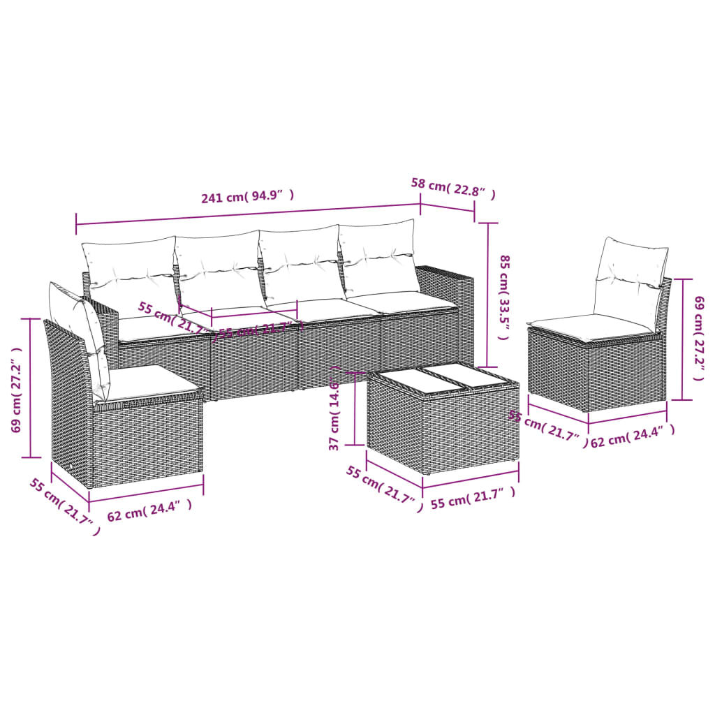vidaXL 7 Piece Garden Sofa Set with Cushions Brown Poly Rattan