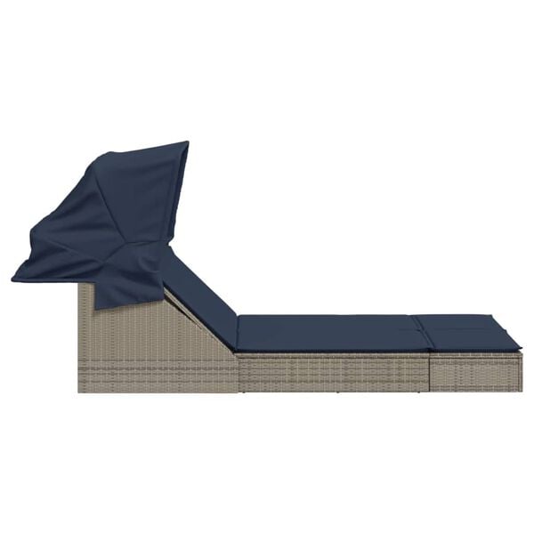 vidaXL Double Sun Lounger with Canopy and Cushions Grey Poly Rattan