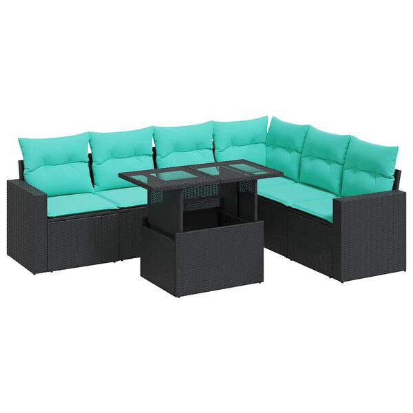 vidaXL 7 Piece Garden Sofa Set with Cushions Black Poly Rattan Acacia