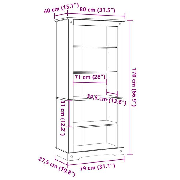 vidaXL 5-Tier Bookcase Mexican Pine Corona Range 80x40x170 cm